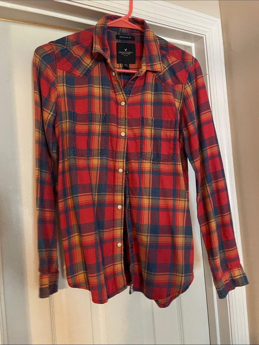American Eagle Outfitters pink  blue Mustard Plaid Button-Down Shirt